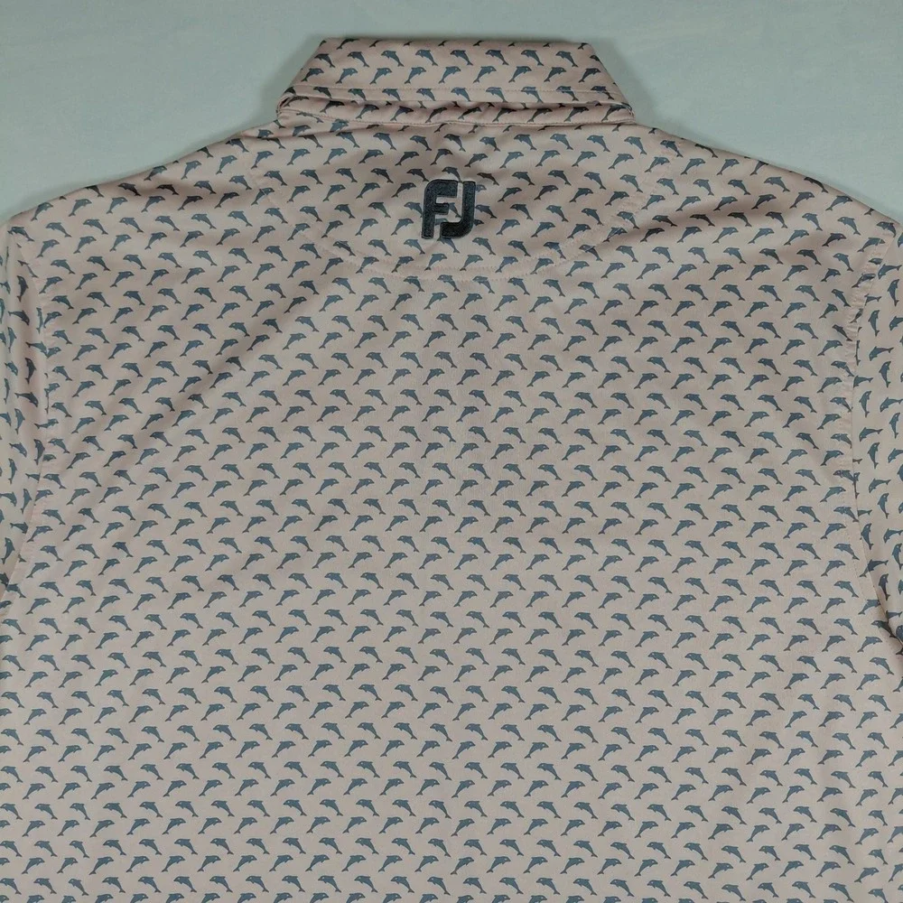 Footjoy FJ Mens Golf Polo Shirt M Pink Dolphin Print Short Sleeve Collared